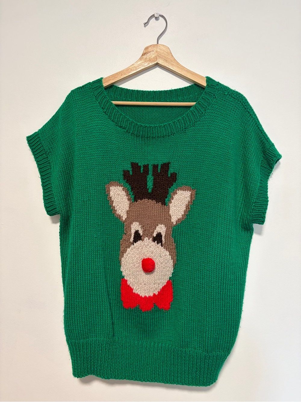 Vintage Handmade Knit Christmas Holiday Rudolf Reindeer Vest Quirky XMAS Top